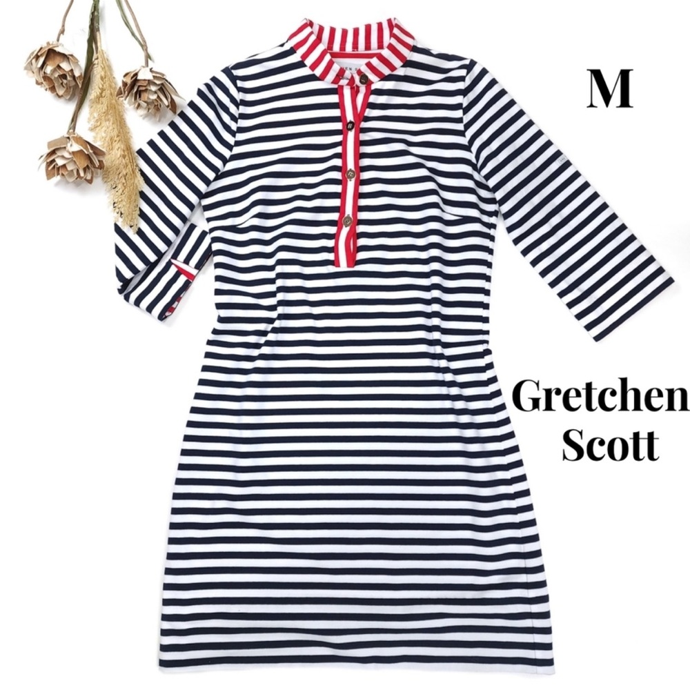 New Gretchen Scott Navy Whit Red Striped Dress Sz M nwot
